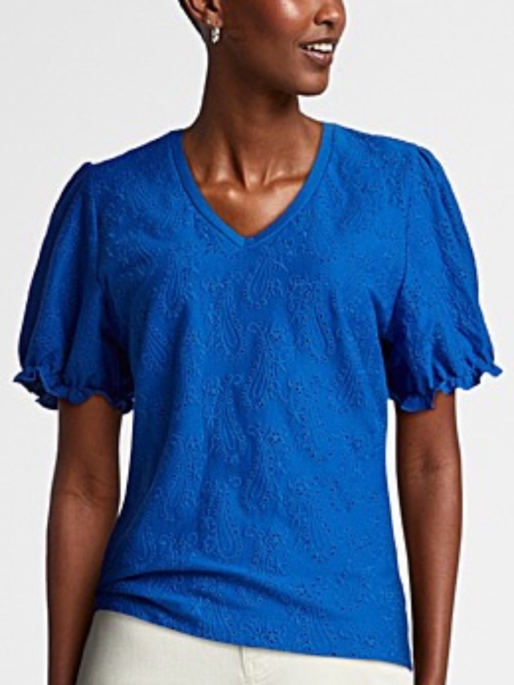 Simons Eyelet Paisley Puff Sleeve V-Neck T-Shirt 100% Cotton Blouse Cobalt Blue